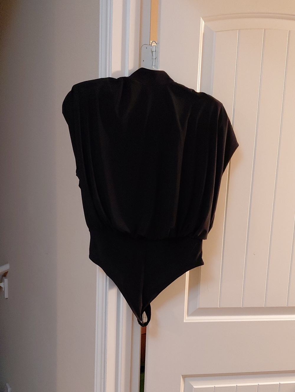 Women's Black Soft Jersey Fabric Draped Bodysuit Top With Open Back.